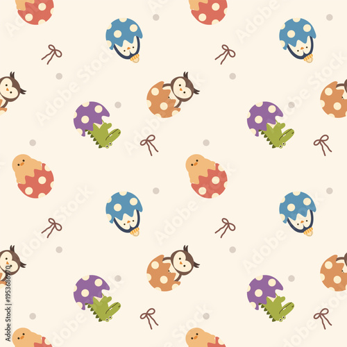 Animal in eggshell colorful cartoon so cute. On penguin owl crocodile duck bow background. Pattern seamless vector illustration