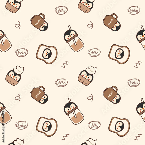 Head penguin on coffee mug cartoon so cute. On drinks cupcakes bread background. Pattern seamless vector illustration. 