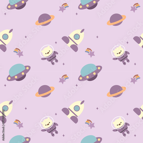 Polar bear spaceman cartoon so cute. On rocket ufo Saturn star rainbow purple background. Pattern seamless vector illustration