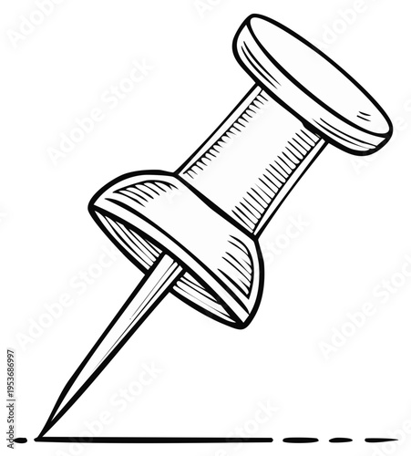 Hand Drawn Black White Pushpin Illustration Sticking into Surface Marker Thumbtack Graphic Design Element