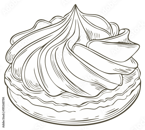 Swirled meringue cookie or cream dessert vintage style line drawing