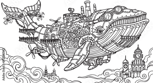 Detailed monochrome illustration of a grand flying steampunk whale, intricately adorned with mechanical gears and pipes, soaring gracefully over a whimsical, ornate city