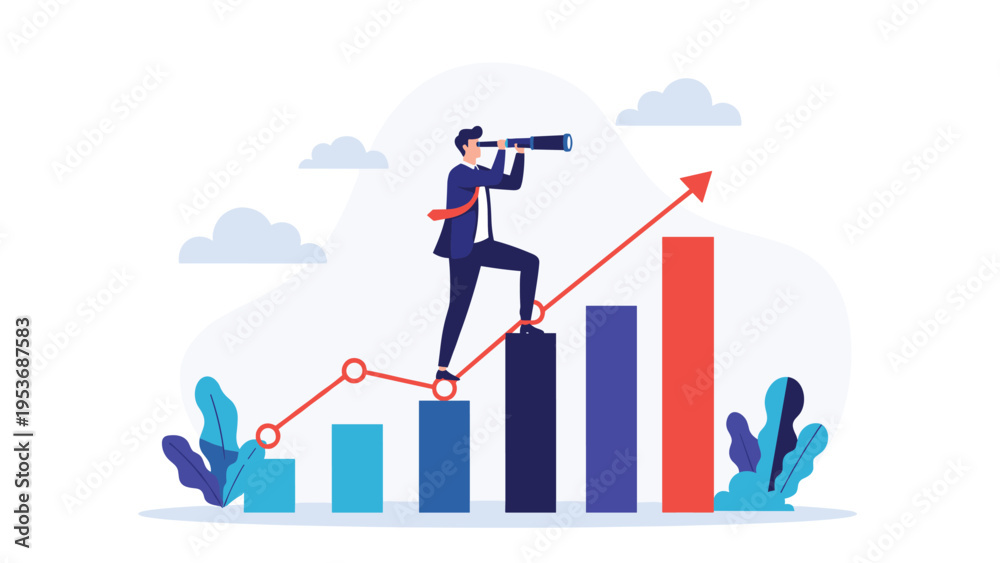 Fototapeta premium Ambitious businessman standing on a rising bar chart and using a telescope to look for future business opportunities.