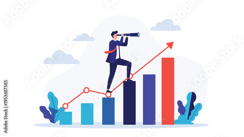 Ambitious businessman standing on a rising bar chart and using a telescope to look for future business opportunities.
