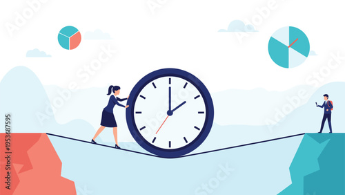 Determined businesswoman pushing a large round clock across a tightrope to represent time pressure and meeting deadlines.