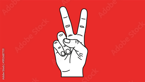 White line drawing of hand making peace sign gesture against vibrant red background symbolizing victory and harmony.