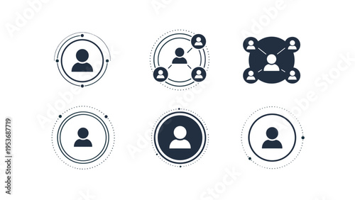 Set of six diverse user profile icons with circular design elements and network connections for social media and web design.