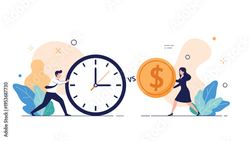 Man pushing large clock and woman holding golden dollar coin with VS text representing balance between time and money.