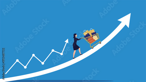 Businesswoman pushing shopping cart overflowing with bags up a rising white arrow depicting consumer growth and retail success.
