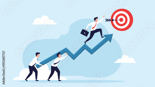 Two team members lifting a rising blue arrow for a businessman running with dart towards red bullseye representing teamwork for success.