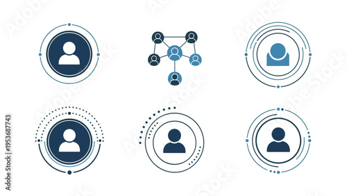 Collection of six modern user and networking icons in shades of blue and black for professional business and social interfaces.