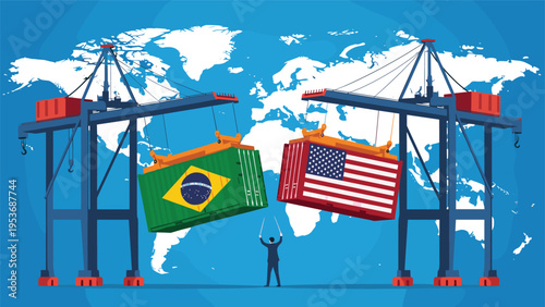 Port scene with two large cranes lifting containers decorated with flags of Brazil and USA against world map for international trade.