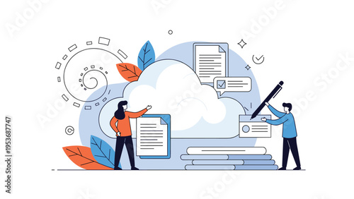 Creative illustration showing two people managing documents and data around a large cloud icon representing cloud storage and computing.