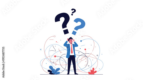 Confused businessman standing with hands on head and large question marks above representing stress and lack of clarity.