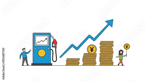 Illustration of gas station pump with rising arrow and stacks of yen coins representing fuel price inflation and economic impact.