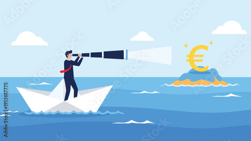 Businessman sailing in white paper boat using telescope to look at giant golden euro symbol on a distant island.