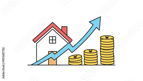 Simple illustration of house with rising blue arrow and stacks of gold yen coins depicting real estate value increase and wealth.