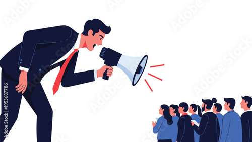 Large business executive using megaphone to shout at group of smaller employees representing authoritative leadership and command.