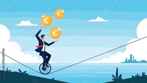 Skilled businessman balancing on a unicycle and juggling Euro currency coins on a thin tightrope high above a coastal city.
