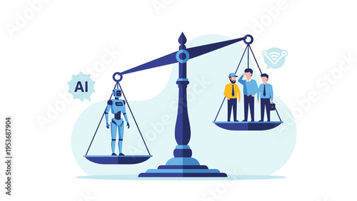 Comparison between artificial intelligence and human labor shown on a balance scale with a robot and a group of employees.