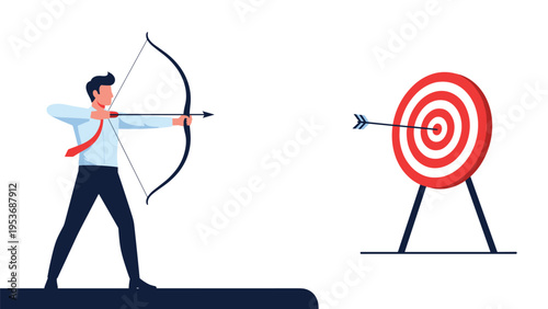 Focused businessman pulling back a bowstring to shoot an arrow at a red and white target for achieving business success.