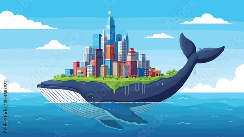 Surreal illustration of a massive blue whale swimming in the ocean with a modern skyscraper city and trees on its back.