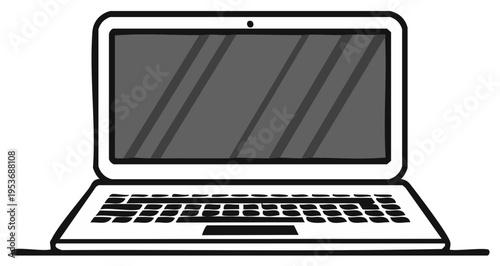 Minimalist outline illustration of an open modern laptop computer with a blank screen and keyboard.