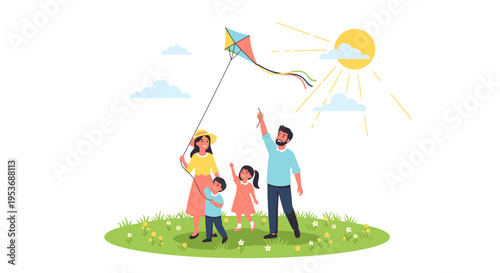 Family enjoying outdoor leisure with kite.