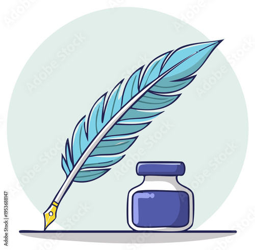 Vintage blue feather quill pen and inkwell cartoon vector illustration