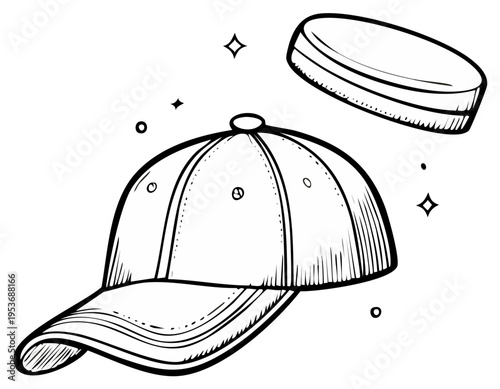 Baseball cap and hockey puck vector illustration.