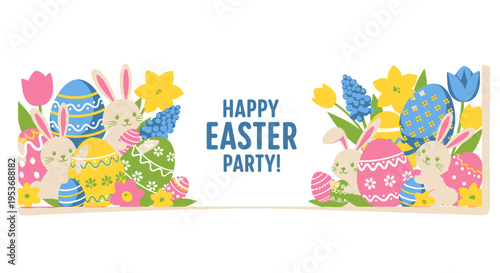 Colorful Easter party banner with eggs flowers.