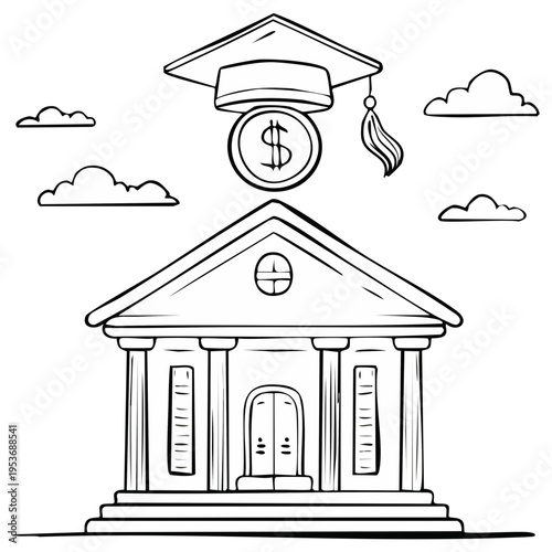 Illustration of a traditional building with a graduation cap and a coin featuring a dollar sign hanging above.