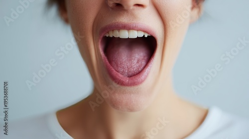 Close-up image of a person with mouth open wide, teeth visible, expressing surprise or speaking, against a plain background.