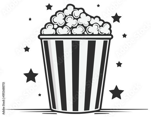 Cartoon vector icon of a black and white striped popcorn bucket surrounded by stars