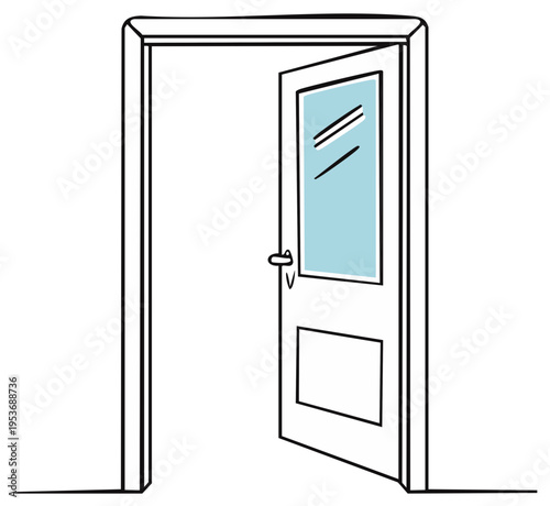 Open doorway, interior, entrance, illustration, light blue pane, architecture