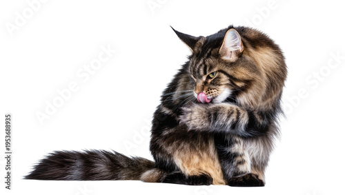 Photos Majestic brown tabby Maine Coon cat grooming its paw, captured in a detailed stu