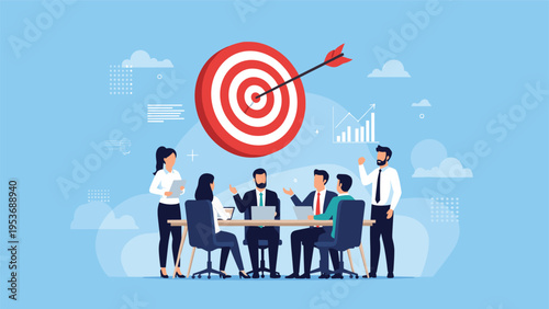 Strategic planning and team goal setting concept showing business professionals in a meeting with a large target.