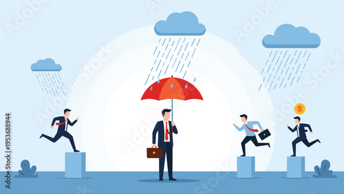 Risk management and financial protection concept showing a businessman with an umbrella staying dry while others run.