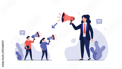 Corporate hierarchy and communication conflict concept showing a large woman with a megaphone yelling at employees.