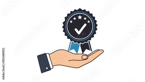 Quality assurance and high standard concept featuring a hand holding a blue and black five-star seal with a checkmark.