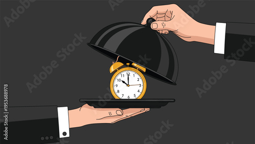 Time management concept showing professional hands in suits serving a golden alarm clock on a platter, highlighting the value of efficiency.