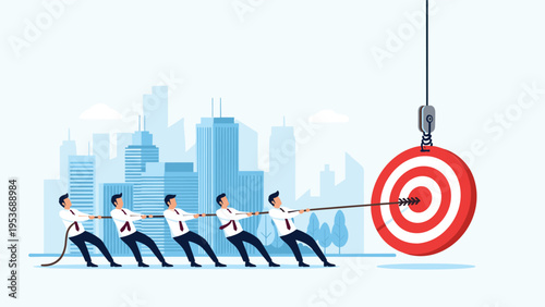 Group of diverse professionals pulling a red target with ropes in city landscape symbolizing team effort and goal success.