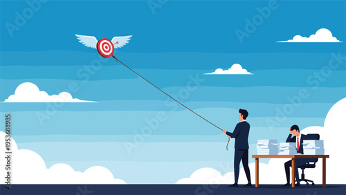 Frustrated office worker struggles with mountains of paperwork while another businessman tries to reel in a flying target in the sky.