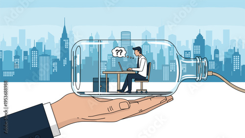 Businessman working on laptop inside a glass bottle held by a giant hand symbolizing work isolation or career confinement.