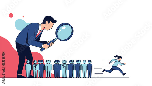 Recruitment and job search concept showing a professional recruiter with a magnifying glass examining candidates.