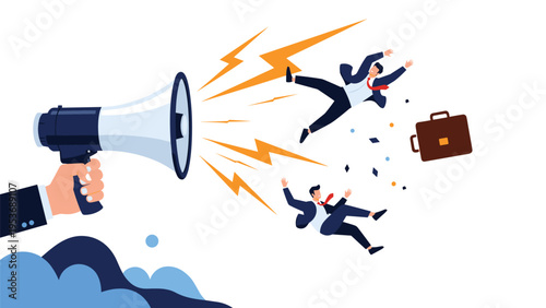 Corporate communication or loud announcement concept showing a large megaphone blowing away business professionals.