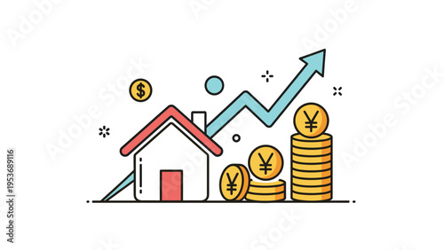 Real estate investment growth showing house silhouette with rising stacks of Yen coins and an upward pointing arrow.
