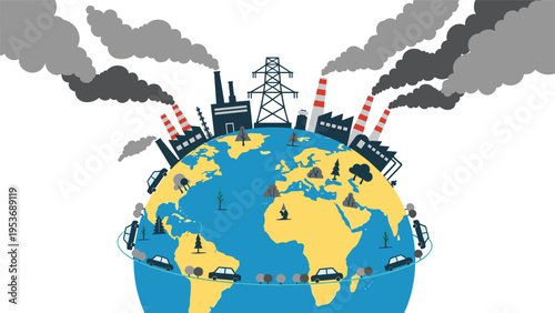 Environmental pollution illustration showing industrial factories and cars releasing toxic smoke around planet earth.