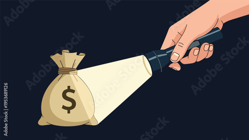 Financial investigation or finding wealth concept with a flashlight beam illuminating a sack of cash with a dollar sign.