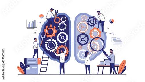 Artificial intelligence and mental processing concept featuring a team of workers maintaining gears inside a brain.